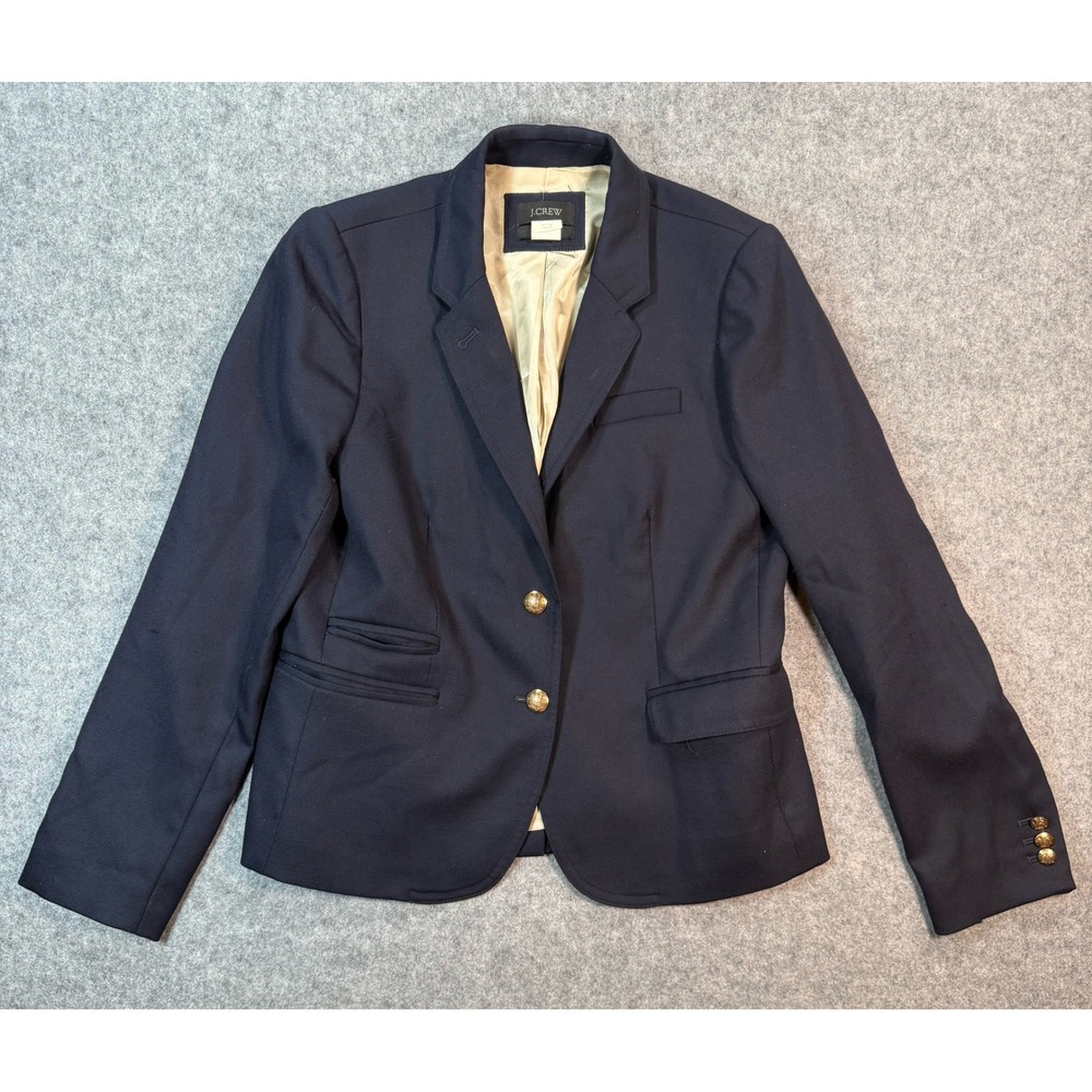 J.Crew Schoolboy Blazer Navy Blue Wool Blend Gold Crest Buttons Size 8 Preppy